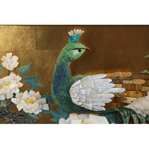 760 - LARGE JAPANESE HARDSTONE & GILDED PANEL - PEACOCK. A large 20thc decorative panel, designed as a Pea... 