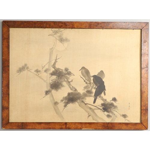 761 - 19THC LARGE JAPANESE WATERCOLOUR - MEIJI. Meiji period, a watercolour painting on silk of a group of... 