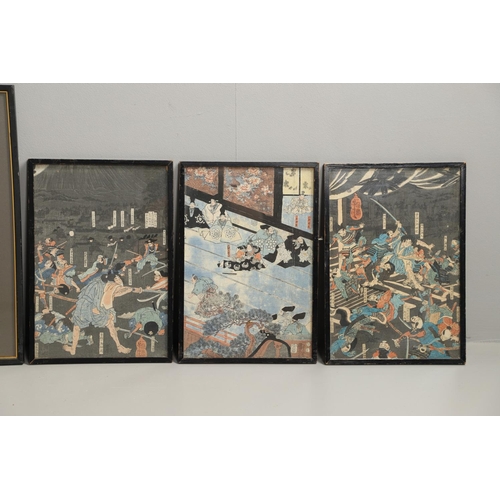 762 - JAPANESE FRAMED WOODBLOCK PRINTS. Three large framed woodblock prints, two after Kuniyoshi (1797-186... 