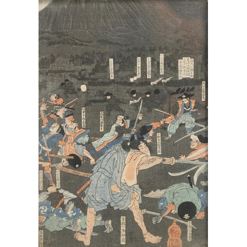 762 - JAPANESE FRAMED WOODBLOCK PRINTS. Three large framed woodblock prints, two after Kuniyoshi (1797-186... 