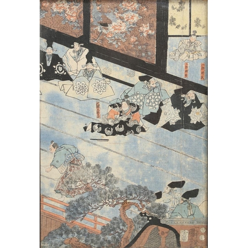 762 - JAPANESE FRAMED WOODBLOCK PRINTS. Three large framed woodblock prints, two after Kuniyoshi (1797-186... 