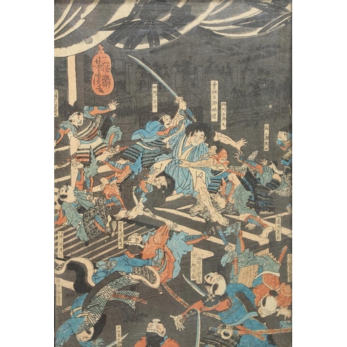 762 - JAPANESE FRAMED WOODBLOCK PRINTS. Three large framed woodblock prints, two after Kuniyoshi (1797-186... 