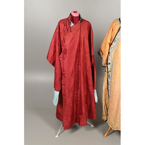 766 - ANTIQUE CHINESE QUILTED FULL LENGTH ROBE & ANOTHER CHINESE ROBE. A late 19thc/early 20thc full lengt... 