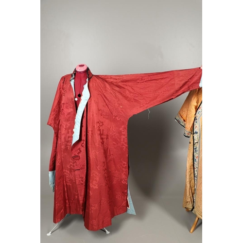 766 - ANTIQUE CHINESE QUILTED FULL LENGTH ROBE & ANOTHER CHINESE ROBE. A late 19thc/early 20thc full lengt... 