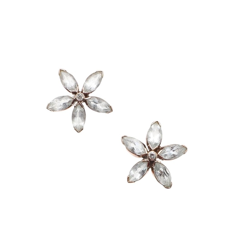 1008 - A PAIR OF AQUAMARINE AND DIAMOND STUD EARRINGS. of flowerhead form, each earring centred with a circ... 