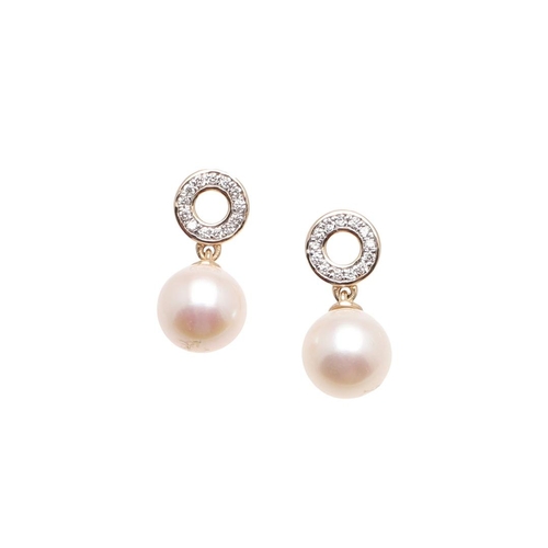 1010 - A PAIR OF CULTURED PEARL AND DIAMOND DROP EARRINGS. each earring mounted with a cultured pearl measu... 