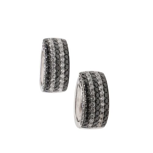 1012 - A PAIR OF DIAMOND HALF HOOP EARRINGS. each earring mounted with alternate rows of circular-cut black... 