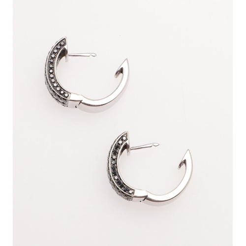 1012 - A PAIR OF DIAMOND HALF HOOP EARRINGS. each earring mounted with alternate rows of circular-cut black... 