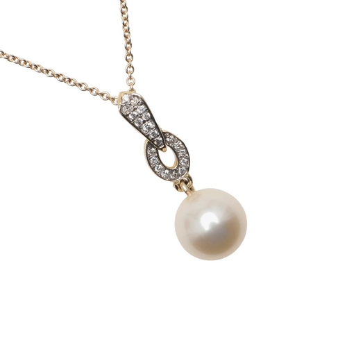 1013 - A CULTURED PEARL AND DIAMOND PENDANT. mounted with a cultured pearl measuring approximately 8.6mm, s... 