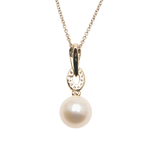 1013 - A CULTURED PEARL AND DIAMOND PENDANT. mounted with a cultured pearl measuring approximately 8.6mm, s... 