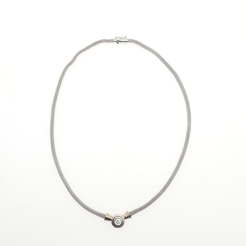 1021 - A DIAMOND AND 18CT WHITE GOLD NECKLACE. the circular brilliant-cut diamond mounted to the front in 1... 