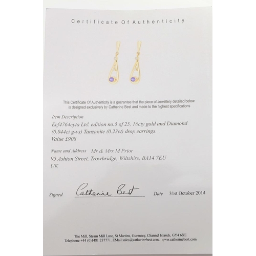 1028 - CATHERINE BEST. A PAIR OF TANZANITE DIAMOND AND 18CT GOLD DROP EARRINGS. each earring set with a cir... 