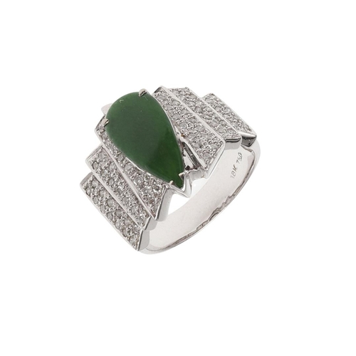 1057 - A JADE AND DIAMOND RING. of geometric design, the pear-shaped jade is set with panels of circular-cu... 