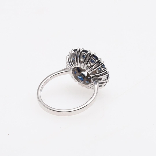 1065 - A SAPPHIRE AND DIAMOND CLUSTER RING. the central brilliant-cut diamond is set within a surround of s... 