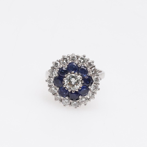 1076 - A SAPPHIRE AND DIAMOND CLUSTER RING. centred with a circular-cut diamond, within a surround of circu... 