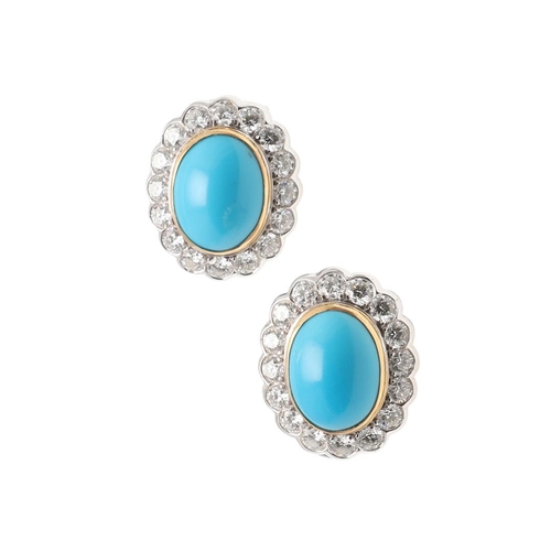 1118 - A PAIR OF DIAMOND & TURQUOISE CLUSTER EARRINGS. each earring set with an oval-shaped turquoise caboc... 