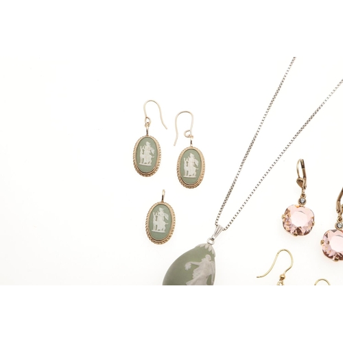 779 - A QUANTITY OF JEWELLERY. including a green Wedgwood pendant, a pendant and a pair of drop earrings, ... 