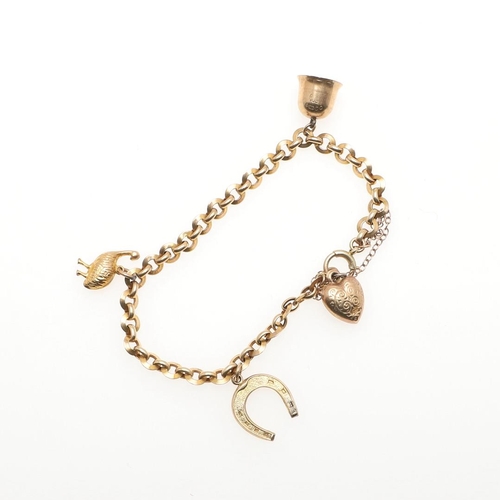 798 - A 9CT GOLD CHARM BRACELET. the circular-link bracelet is mounted with four gold charms, 18.0cm long,... 