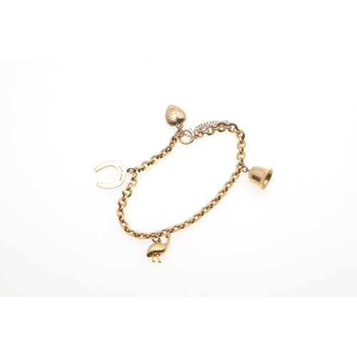 798 - A 9CT GOLD CHARM BRACELET. the circular-link bracelet is mounted with four gold charms, 18.0cm long,... 