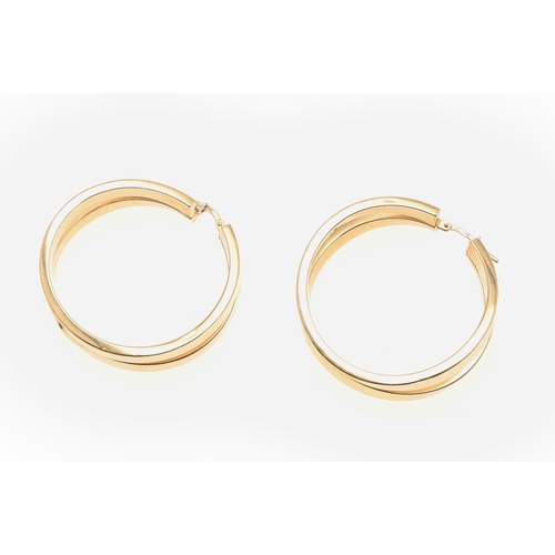 801 - A PAIR OF 18CT GOLD HOOP EARRINGS. formed as two hoops joined together, 3.5cm high, 8.5 grams.