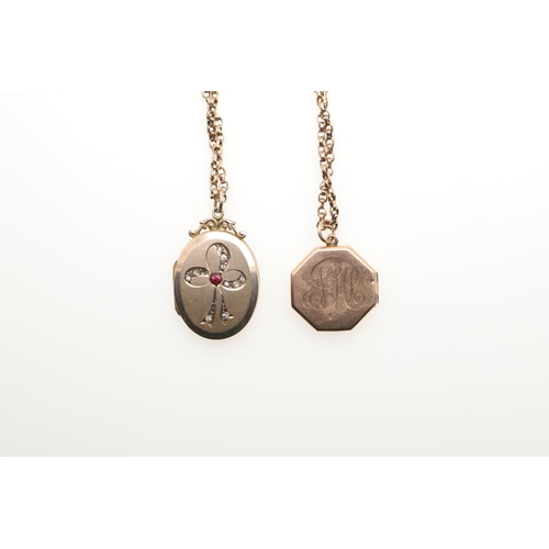 805 - A 9CT GOLD LOCKET PENDANT. of oval-shape mounted with paste stones, together with a gold octagonal-s... 