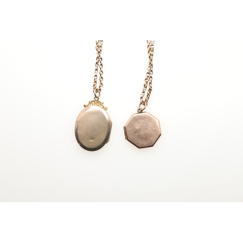 805 - A 9CT GOLD LOCKET PENDANT. of oval-shape mounted with paste stones, together with a gold octagonal-s... 