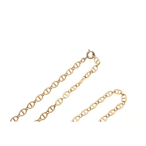 806 - A GOLD FANCY LINK CHAIN NECKLACE. with metal bolt ring clasp, 65cm long, 30.2 grams.