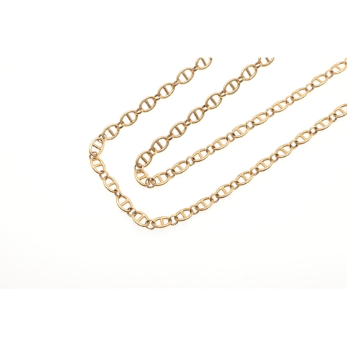 806 - A GOLD FANCY LINK CHAIN NECKLACE. with metal bolt ring clasp, 65cm long, 30.2 grams.