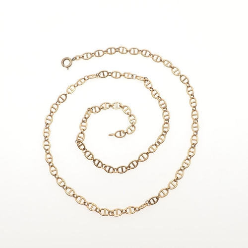 806 - A GOLD FANCY LINK CHAIN NECKLACE. with metal bolt ring clasp, 65cm long, 30.2 grams.