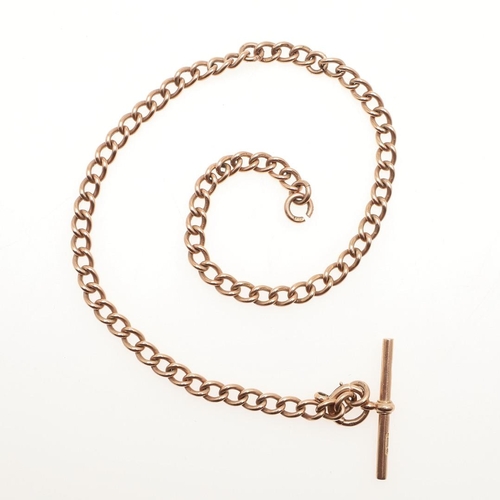 807 - A 9CT GOLD CURB LINK WATCH CHAIN. each link stamped 9 375, suspending a 9ct gold 't' bar, 37.5cm lon... 