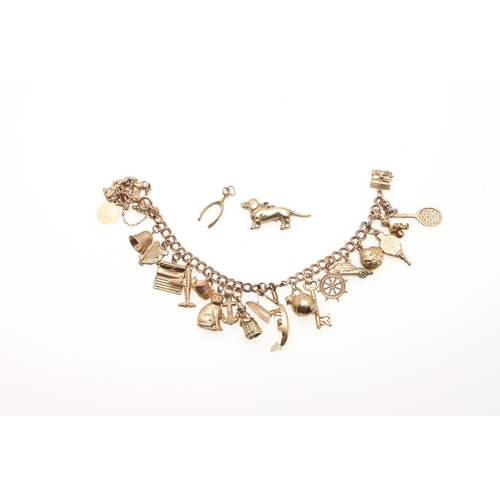 817 - A 9CT GOLD DOUBLE CURB LINK CHARM BRACELET. mounted with assorted 9ct gold charms, 14.5cm long, tota... 