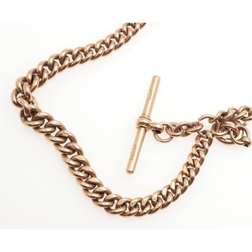 825 - A 9CT GOLD CURB LINK WATCH CHAIN. each link stamped 9 375, suspending a 9ct gold 't' bar, 36.0cm lon... 