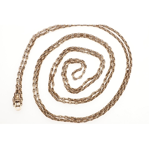 826 - A 9CT GOLD FANCY LINK MUFF CHAIN. 155cm long, 25.1 grams.