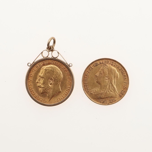 847 - A GEORGE V GOLD HALF SOVEREIGN. 1913, in a 9ct gold pendant mount, together with a Victorian Old Hea... 