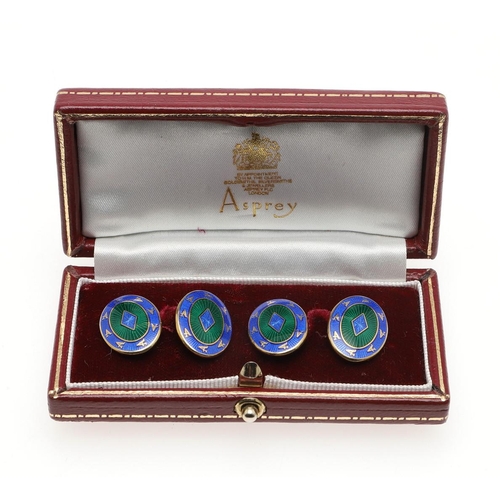 854 - A PAIR OF ENAMEL AND 9CT GOLD CUFFLINKS BY ASPREY. of oval shape, each link with blue and green guil... 