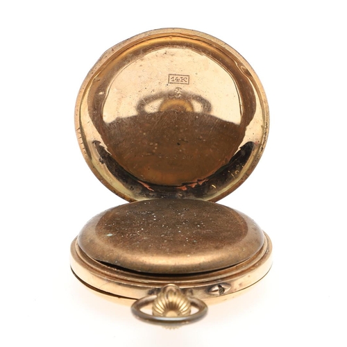 860 - A 14CT GOLD HALF HUNTING CASED POCKET WATCH. the white enamel dial with Roman numerals, pink and blu... 