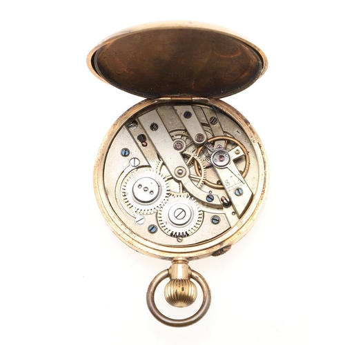 860 - A 14CT GOLD HALF HUNTING CASED POCKET WATCH. the white enamel dial with Roman numerals, pink and blu... 