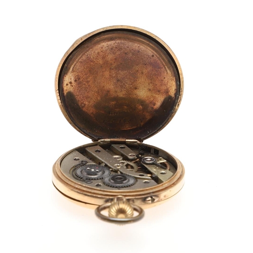 860 - A 14CT GOLD HALF HUNTING CASED POCKET WATCH. the white enamel dial with Roman numerals, pink and blu... 