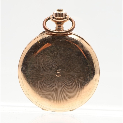 860 - A 14CT GOLD HALF HUNTING CASED POCKET WATCH. the white enamel dial with Roman numerals, pink and blu... 