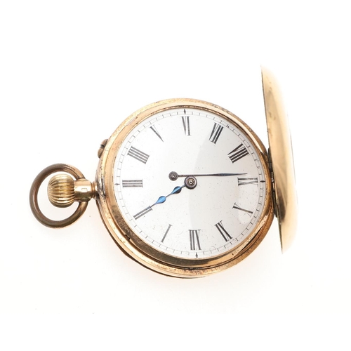 860 - A 14CT GOLD HALF HUNTING CASED POCKET WATCH. the white enamel dial with Roman numerals, pink and blu... 