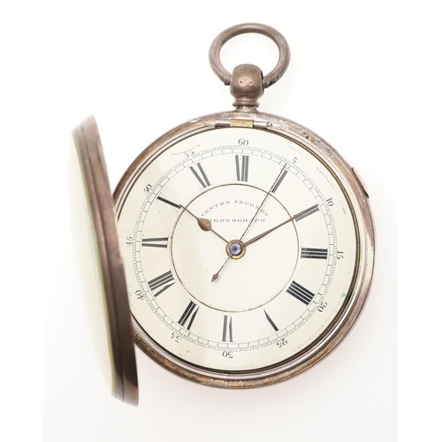 861 - A SILVER CENTRE SECONDS CHRONOGRAPH OPEN FACED POCKET WATCH. the white enamel  dial with Roman numer... 