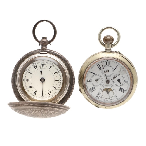 862 - A NICKEL OPEN FACED MOON PHASE CALENDAR POCKET WATCH. the white enamel dial with Roman numerals and ... 