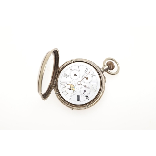 862 - A NICKEL OPEN FACED MOON PHASE CALENDAR POCKET WATCH. the white enamel dial with Roman numerals and ... 