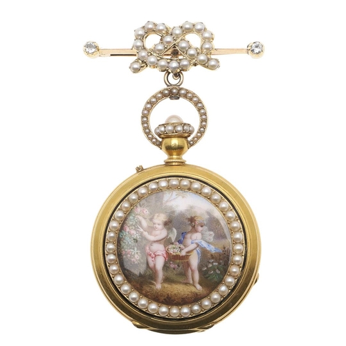 863 - A LADY'S 18CT GOLD, PEARL AND ENAMEL FOB WATCH. the white enamel dial with Roman numerals, the ename... 