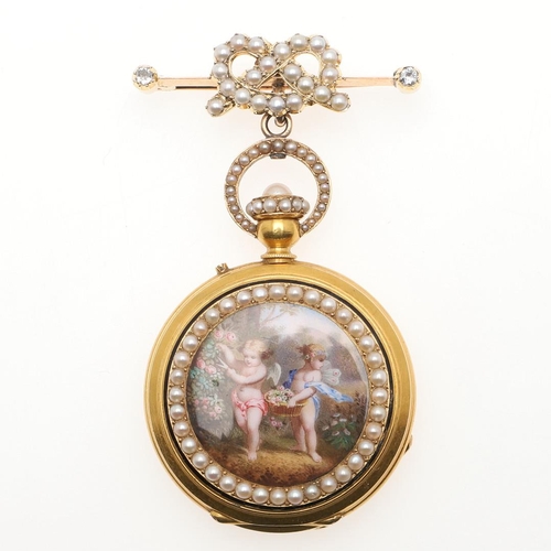 863 - A LADY'S 18CT GOLD, PEARL AND ENAMEL FOB WATCH. the white enamel dial with Roman numerals, the ename... 