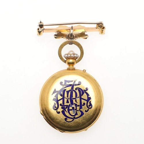 863 - A LADY'S 18CT GOLD, PEARL AND ENAMEL FOB WATCH. the white enamel dial with Roman numerals, the ename... 