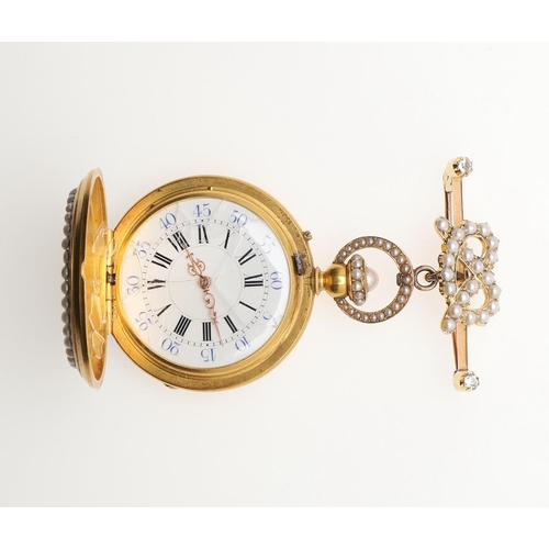 863 - A LADY'S 18CT GOLD, PEARL AND ENAMEL FOB WATCH. the white enamel dial with Roman numerals, the ename... 