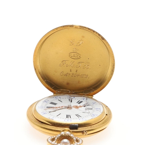 863 - A LADY'S 18CT GOLD, PEARL AND ENAMEL FOB WATCH. the white enamel dial with Roman numerals, the ename... 