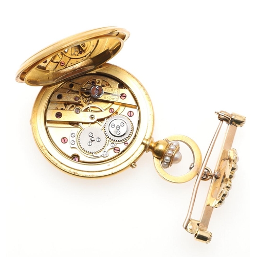 863 - A LADY'S 18CT GOLD, PEARL AND ENAMEL FOB WATCH. the white enamel dial with Roman numerals, the ename... 