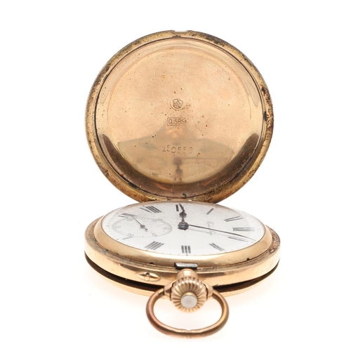 864 - A 14CT GOLD FULL HUNTING CASED POCKET WATCH. the white enamel dial with Roman numerals and subsidiar... 